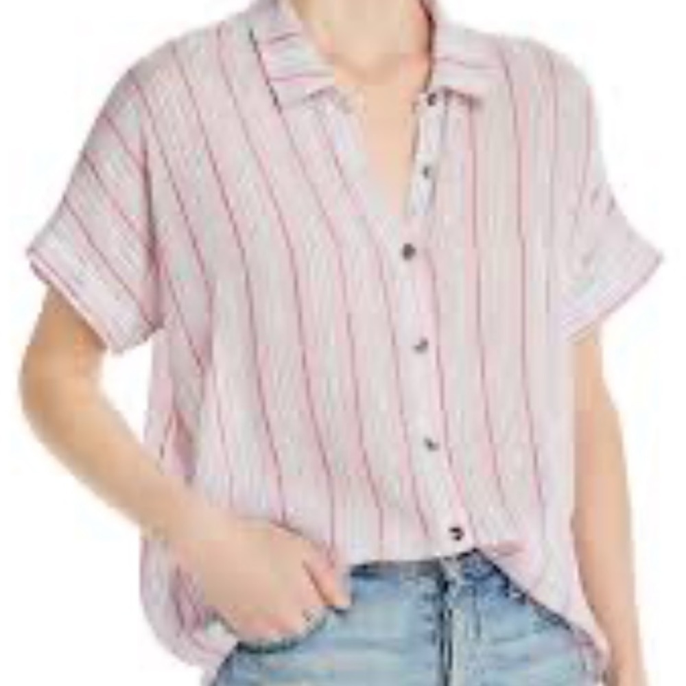 Splendid NEW Linen Pink Striped Short Sleeve Button Down Blouse Size Medium